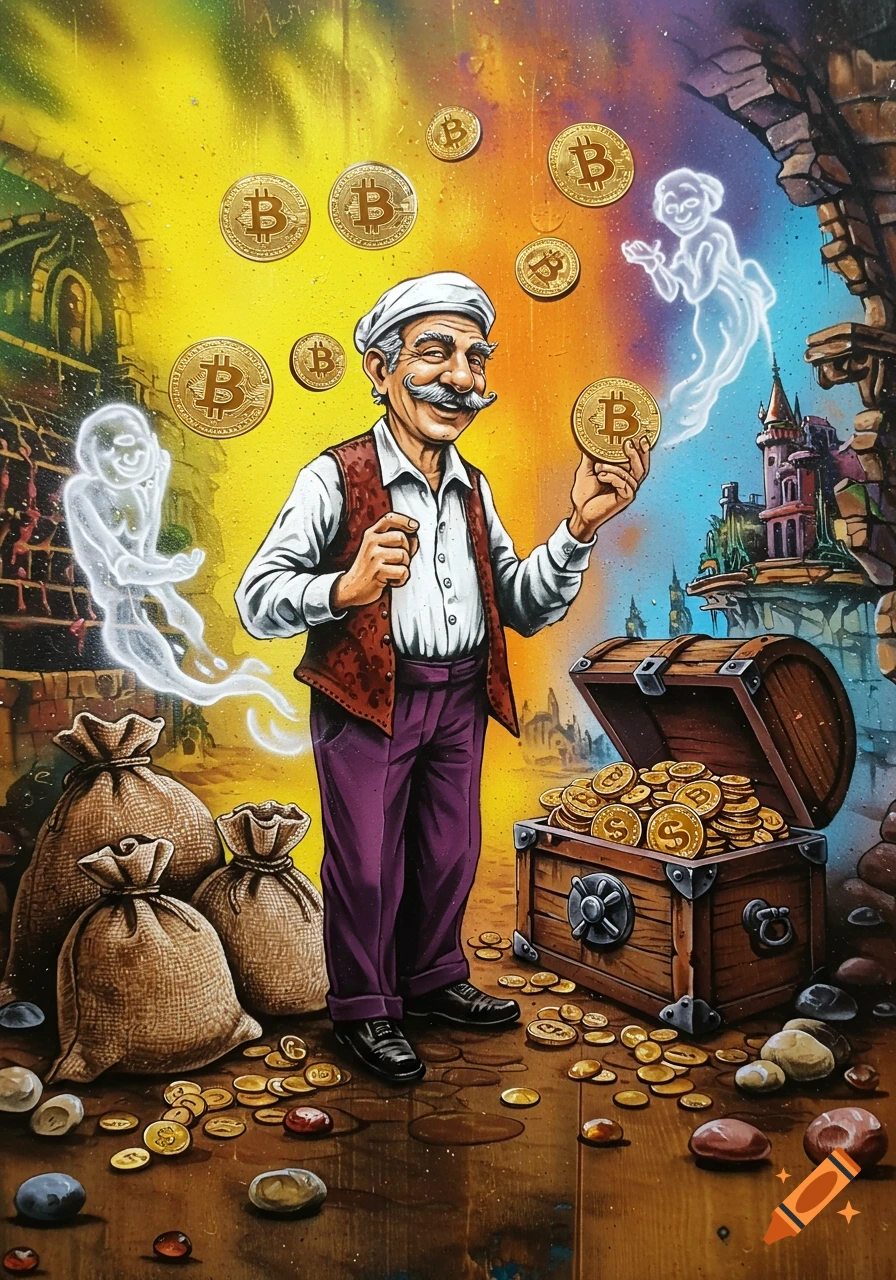 Vibrant spray paint art of a cartoon man holding a Bitcoin, surrounded by floating Bitcoins, ghosts, money bags, and a treasure chest in a fantasy setting.