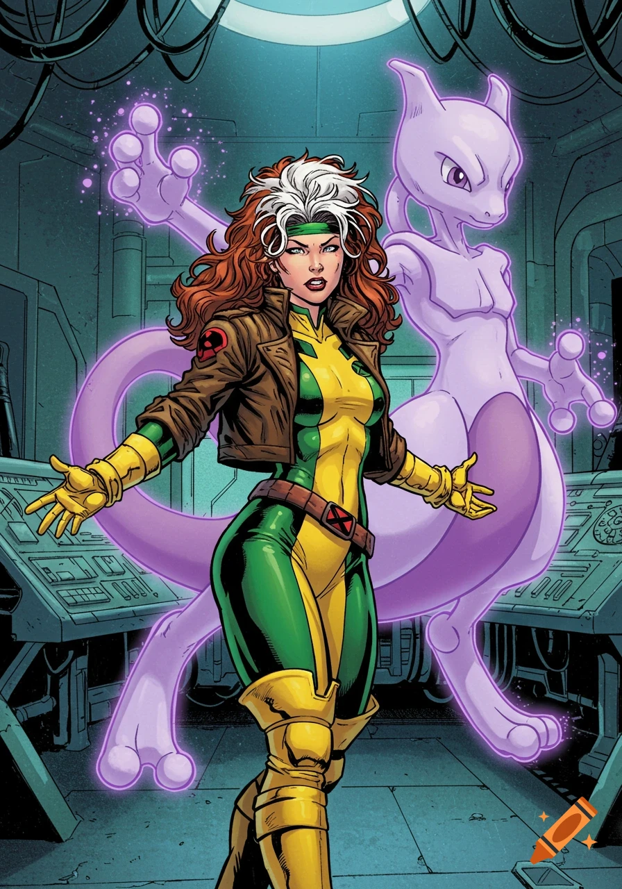 Rogue from X-Men stands in a sci-fi lab with Mewtwo floating behind her, in a vibrant comic book art style.