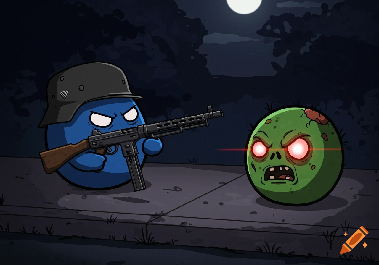 A blue polcompball in a German helmet and holding an MP40 submachine gun faces a green zombie polcompball on a sidewalk at night. Cartoon style.