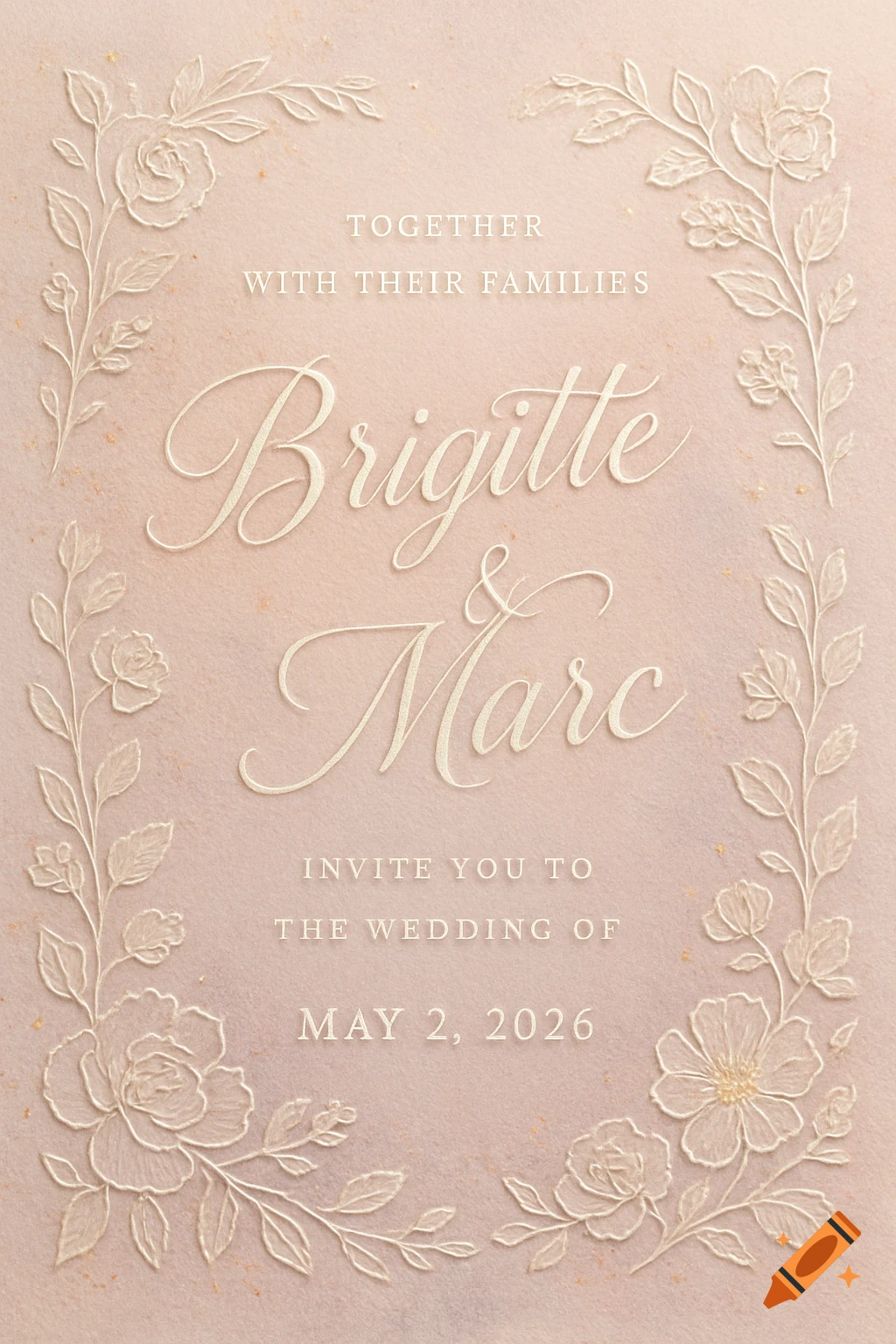 Elegant wedding invitation with white floral borders on a pink textured background, featuring the names Brigitte and Marc and the date May 2, 2026.