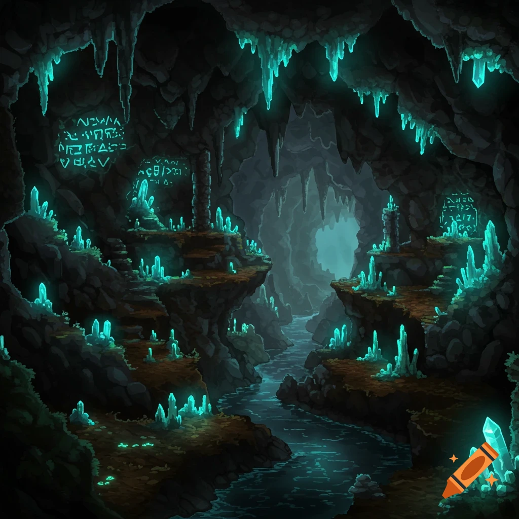 A dark fantasy cave with glowing teal crystals, stalactites, and an underground river flowing through it, in a pixel art style.