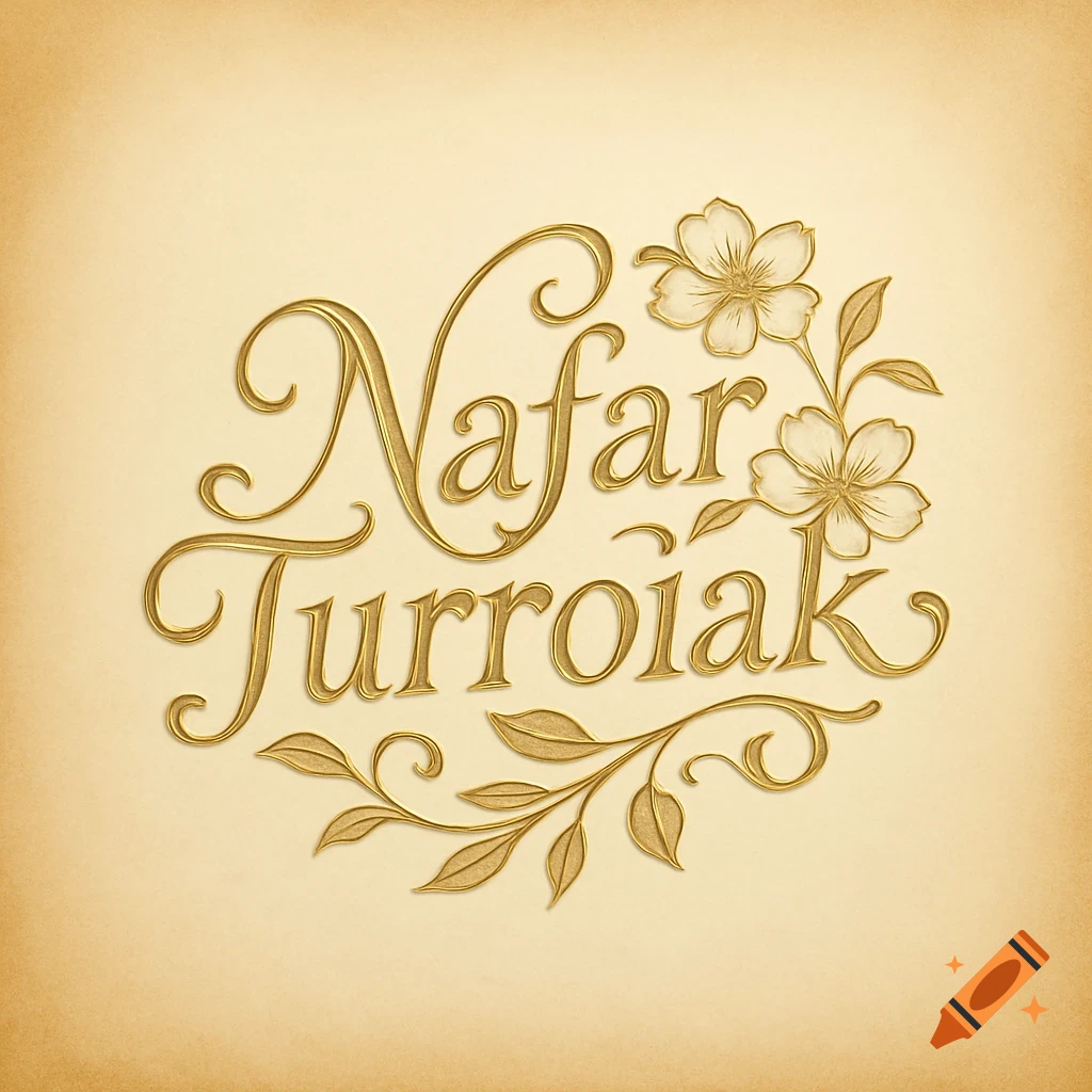Golden ornate text 'Nafar Turroiak' with floral decorations on a light beige textured background, in an elegant embossed style.