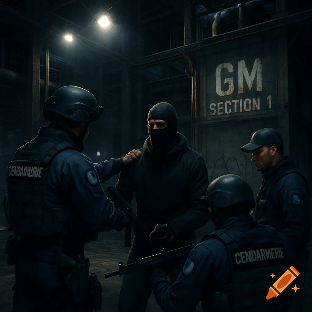 Three Gendarmerie officers apprehend a balaclava-clad man in a dark, industrial setting with a 'GM Section 1' sign. Photorealistic.