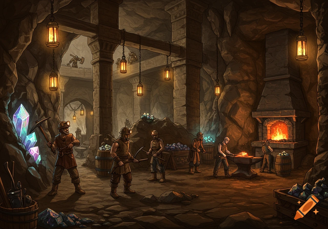 A detailed illustration of a fantasy cave where miners extract glowing crystals and smiths work at a forge.