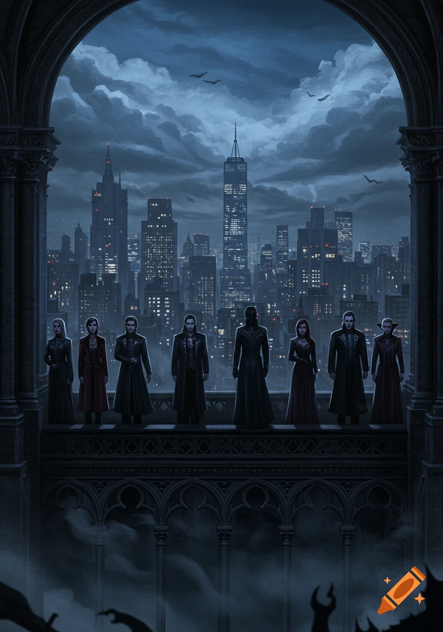 Illustration of eight vampires on a gothic balcony overlooking a dark, cloudy city skyline at night.