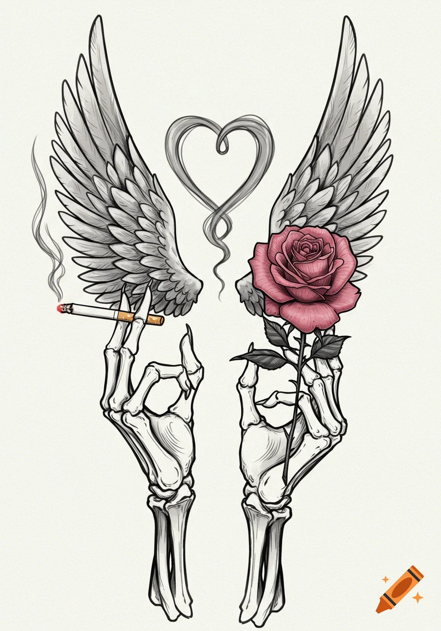 Sketchy illustration of two skeletal hands with wings. One holds a cigarette with smoke forming a heart, the other holds a pink rose.