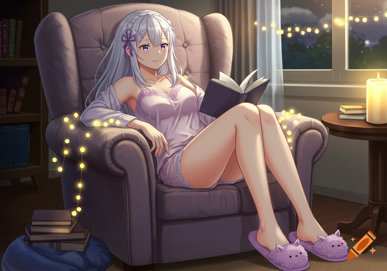 Anime girl Emilia with long silver hair in a nightgown and slippers, reading a book in a cozy armchair at night.