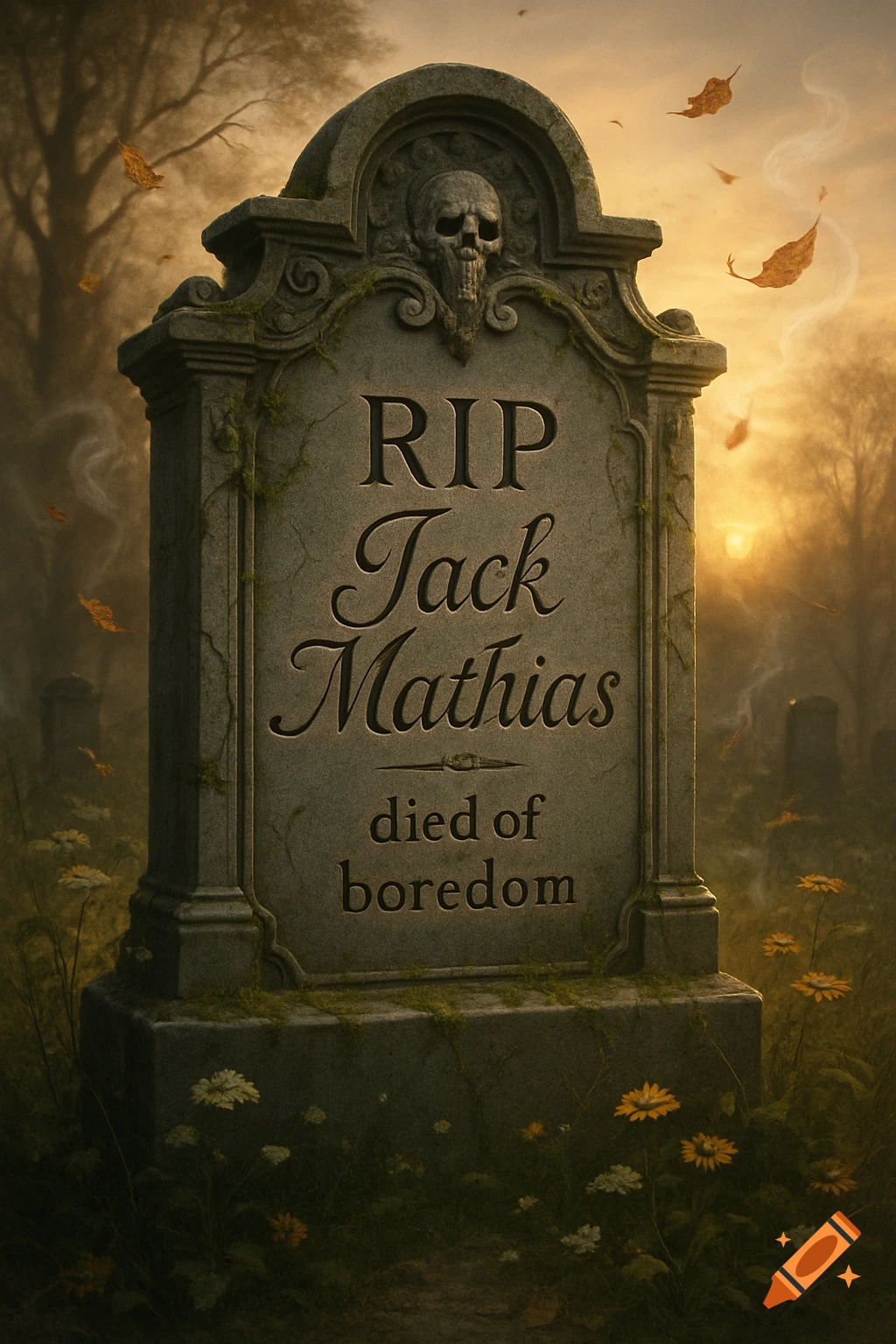 An old stone tombstone with a skull carving in a misty graveyard at sunset. Text reads 'RIP Jack Mathias died of boredom'.