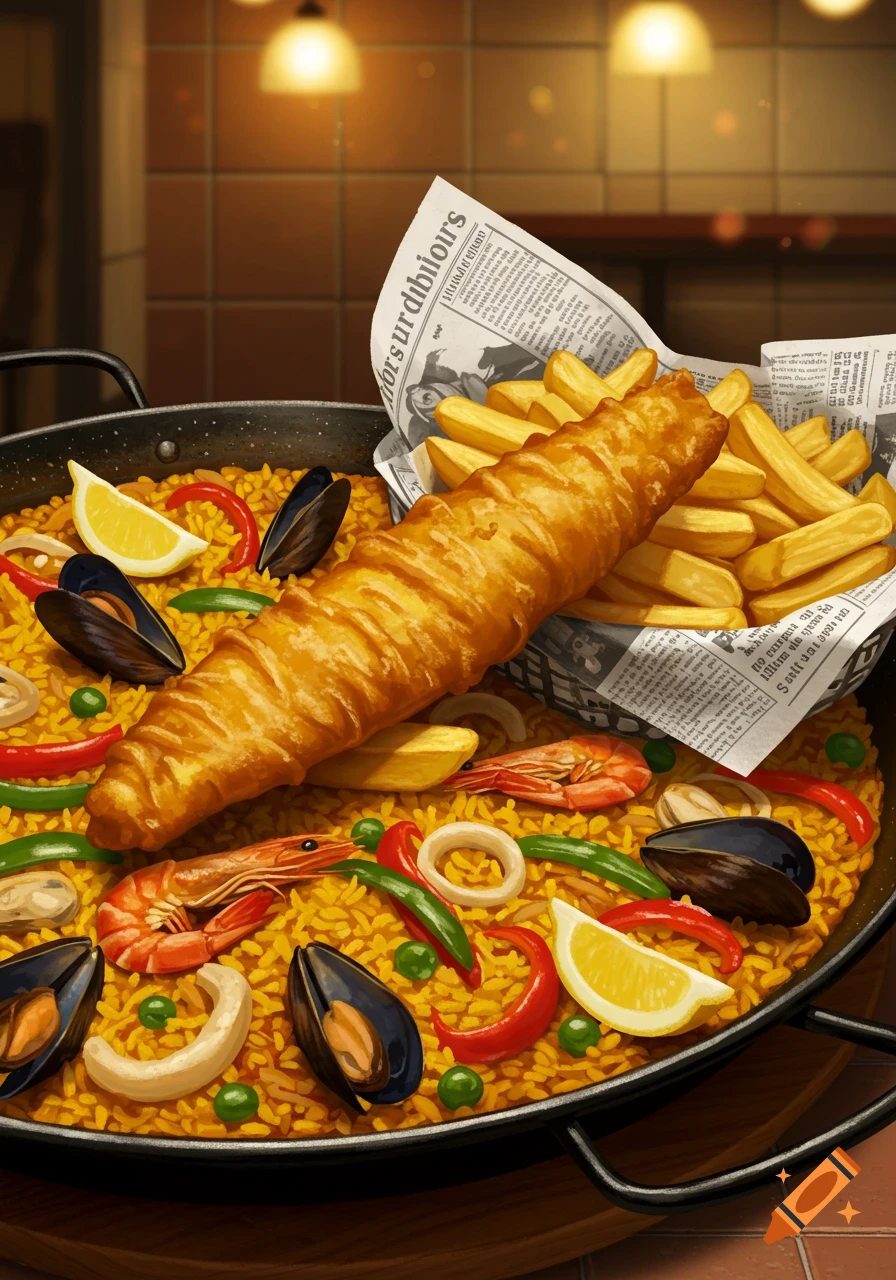 Illustrative paella with seafood and vegetables, topped with a basket of fish and chips wrapped in newspaper.