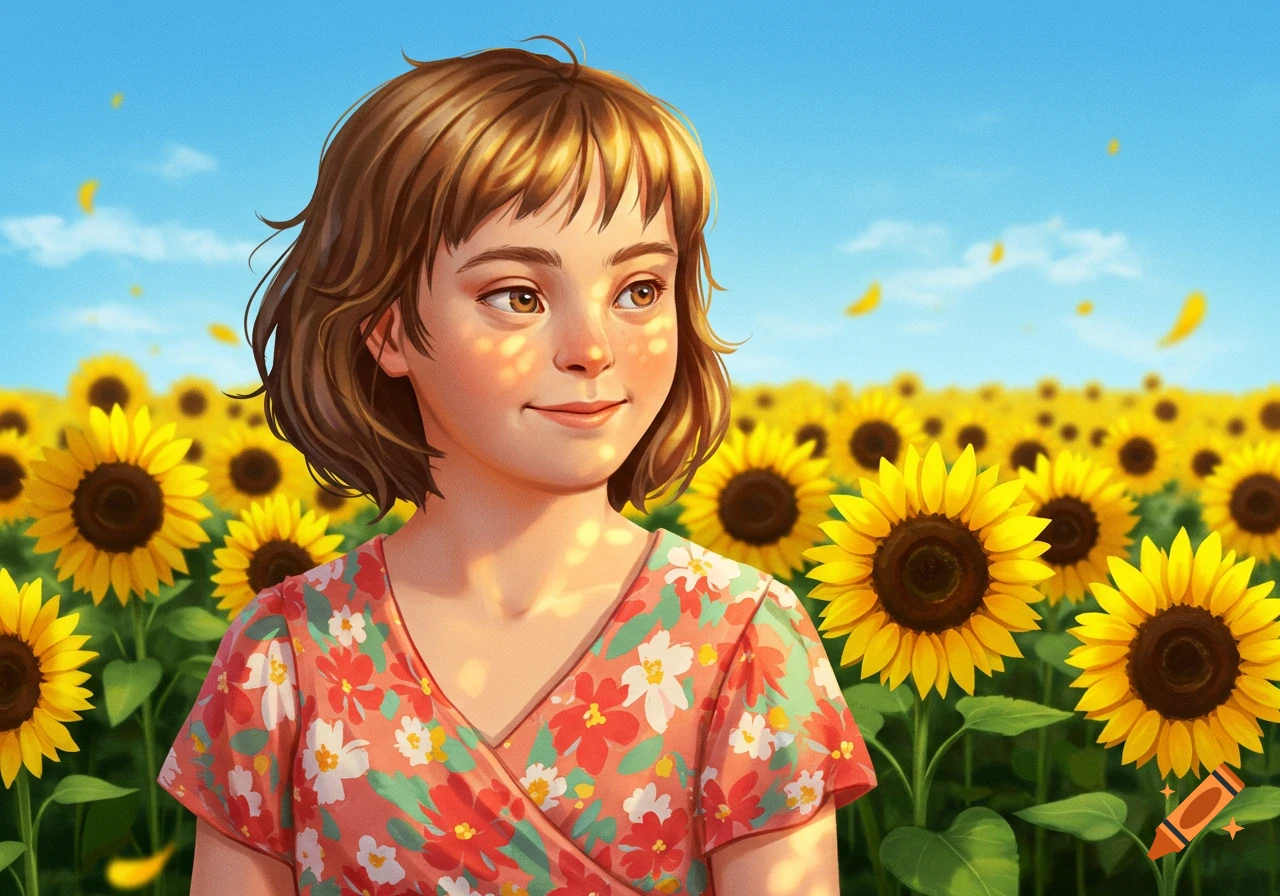 A young girl with brown hair smiles while standing in a field of yellow sunflowers under a blue sky, dappled sunlight on her face. Digital art.