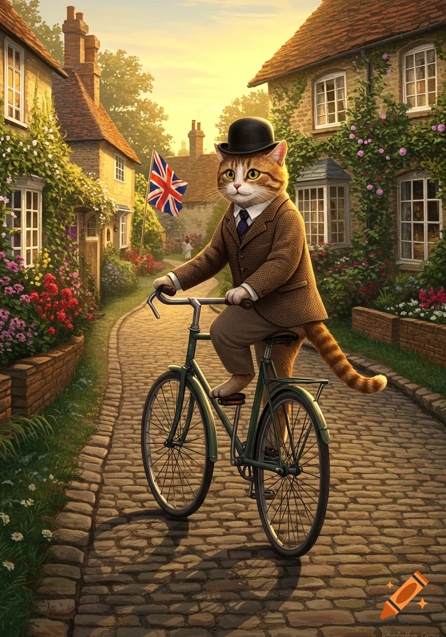 An anthropomorphic tabby cat wearing a suit and a bowler hat rides a bicycle down a cobblestone path in a charming British village at sunset.