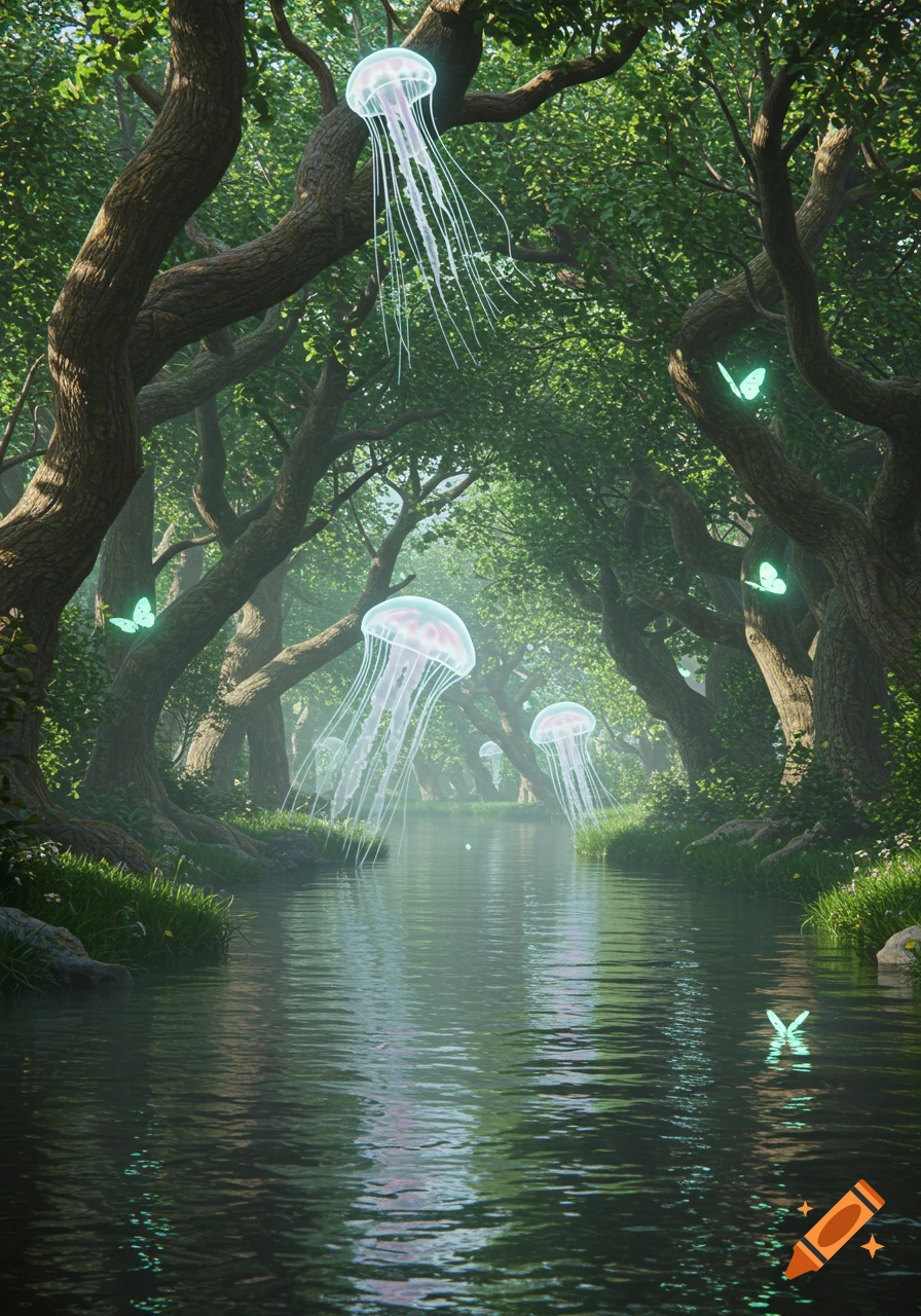 A lush, photorealistic forest scene with a winding river, glowing jellyfish, and luminous butterflies.