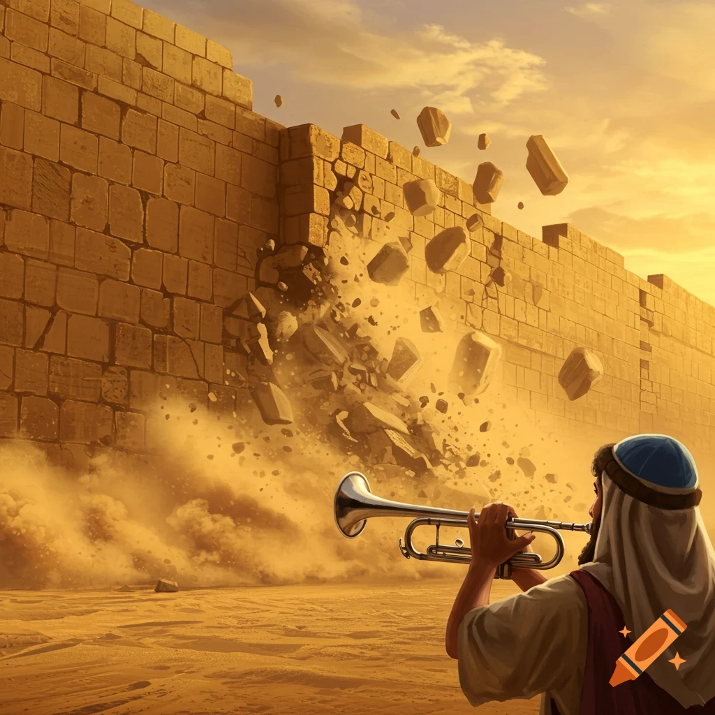 A man in ancient attire plays a trumpet as a massive stone wall crumbles behind him in a desert landscape.