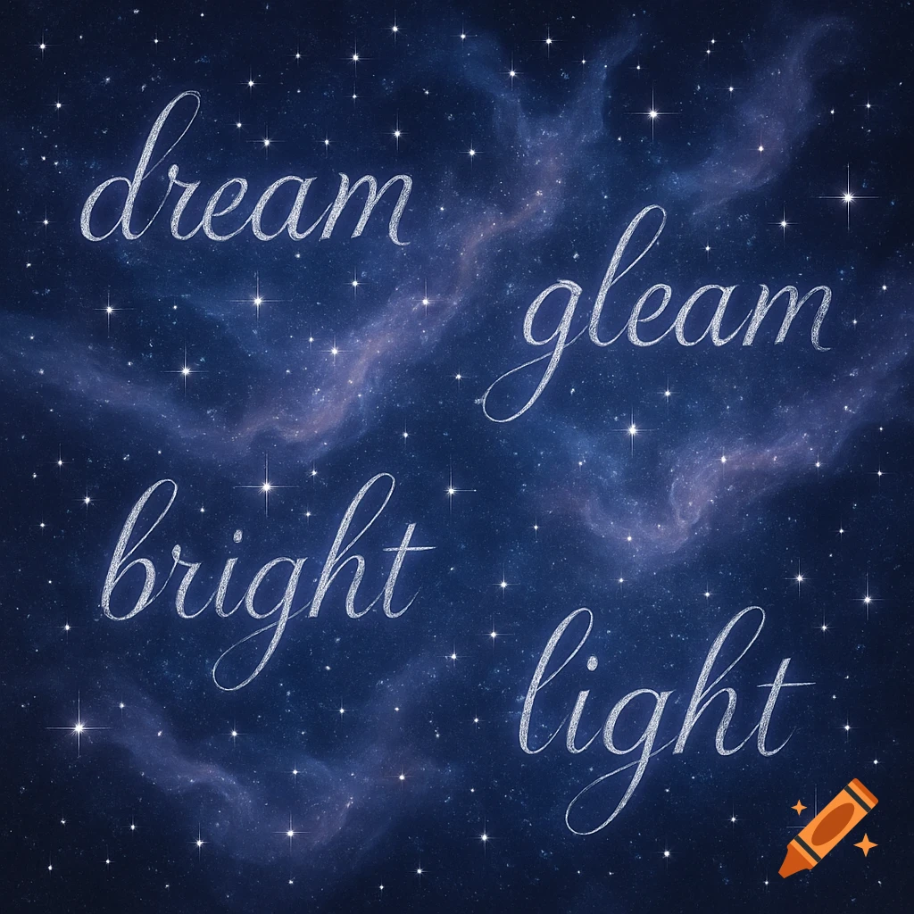 A dark blue starry night sky with nebulae features the words 'dream', 'gleam', 'bright', and 'light' in elegant silver script.