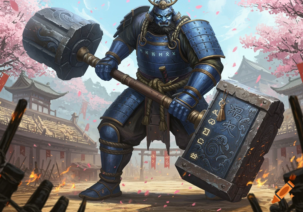 A blue-skinned giant in ornate blue samurai armor wields a massive hammer in a Japanese fighting arena with cherry blossoms, digital art.