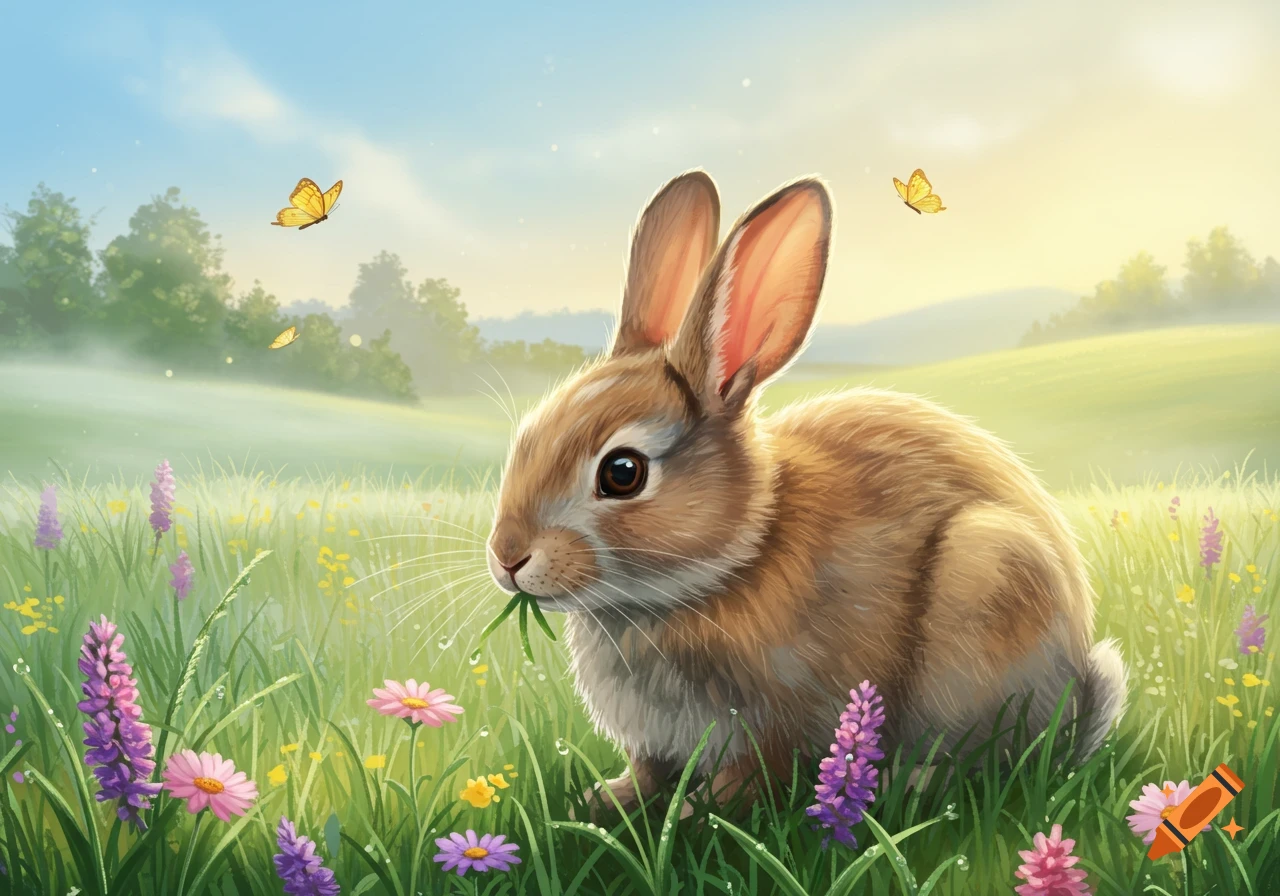 A fluffy brown rabbit eats grass in a vibrant meadow with colorful ...
