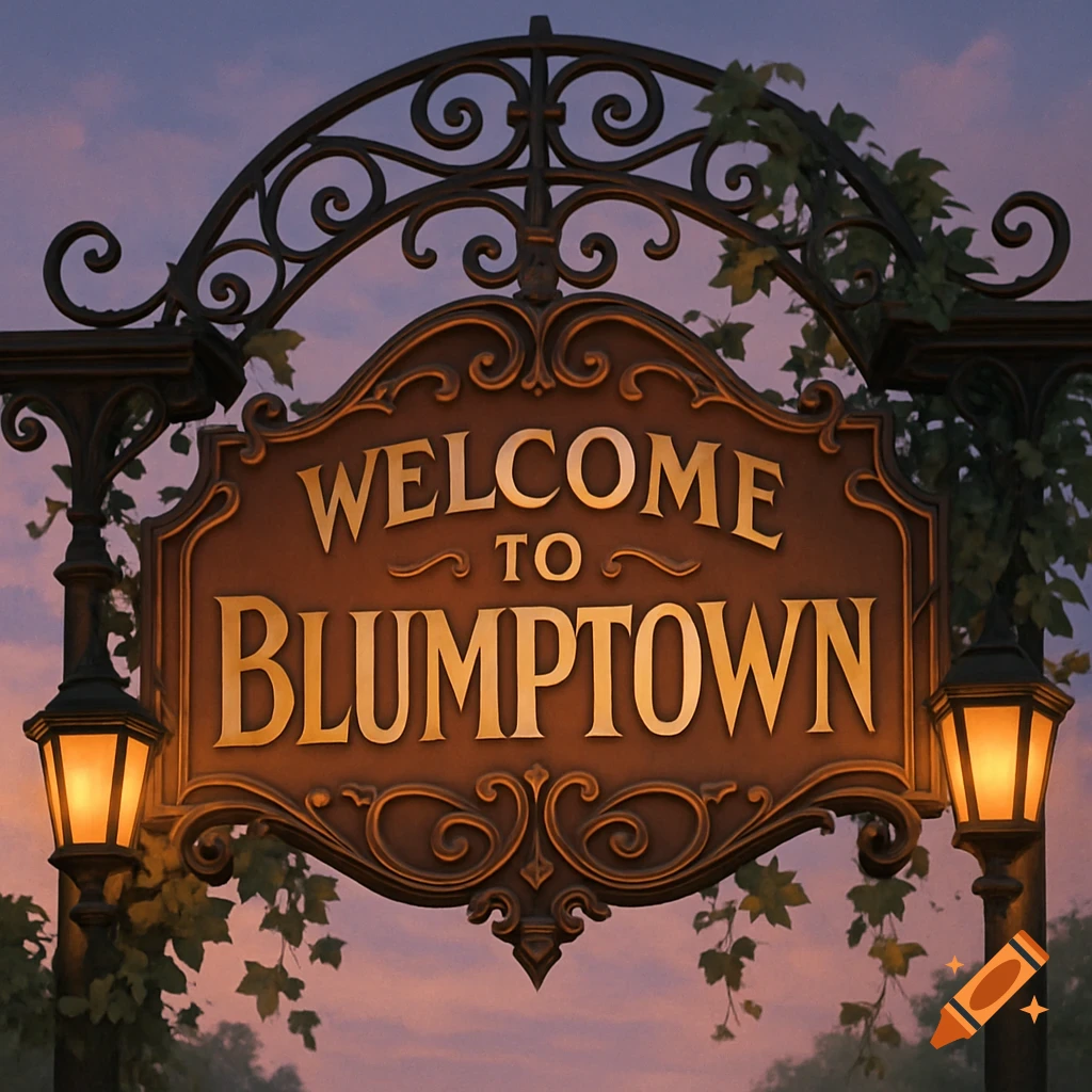 An ornate metal sign with two glowing lanterns, displaying 'WELCOME TO BLUMPTOWN' against a purple and orange twilight sky.