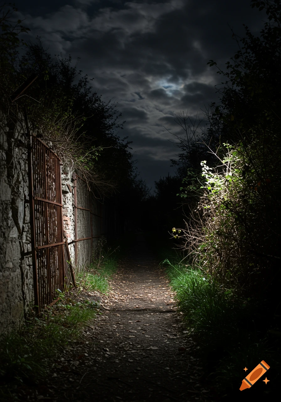 A dark, eerie dirt path at night, lit by a cloudy moon, with a rusty gate on a stone wall to the left and overgrown bushes to the right.