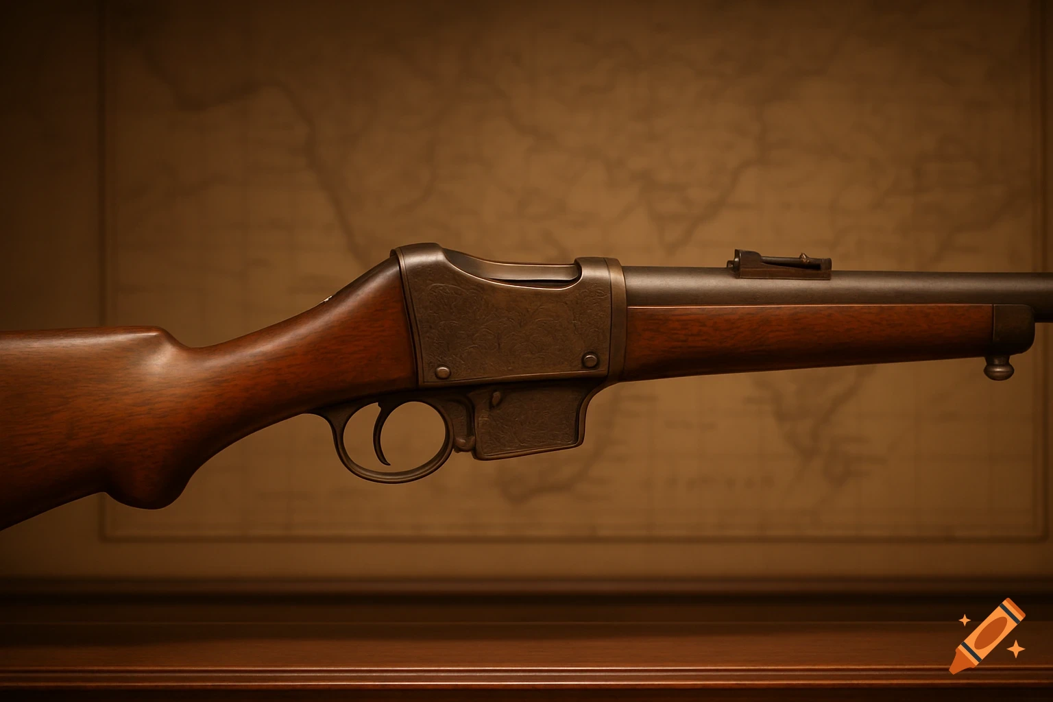 A vintage Martini-Henry rifle with a wooden stock and metallic receiver, resting on a wooden surface against a map background.