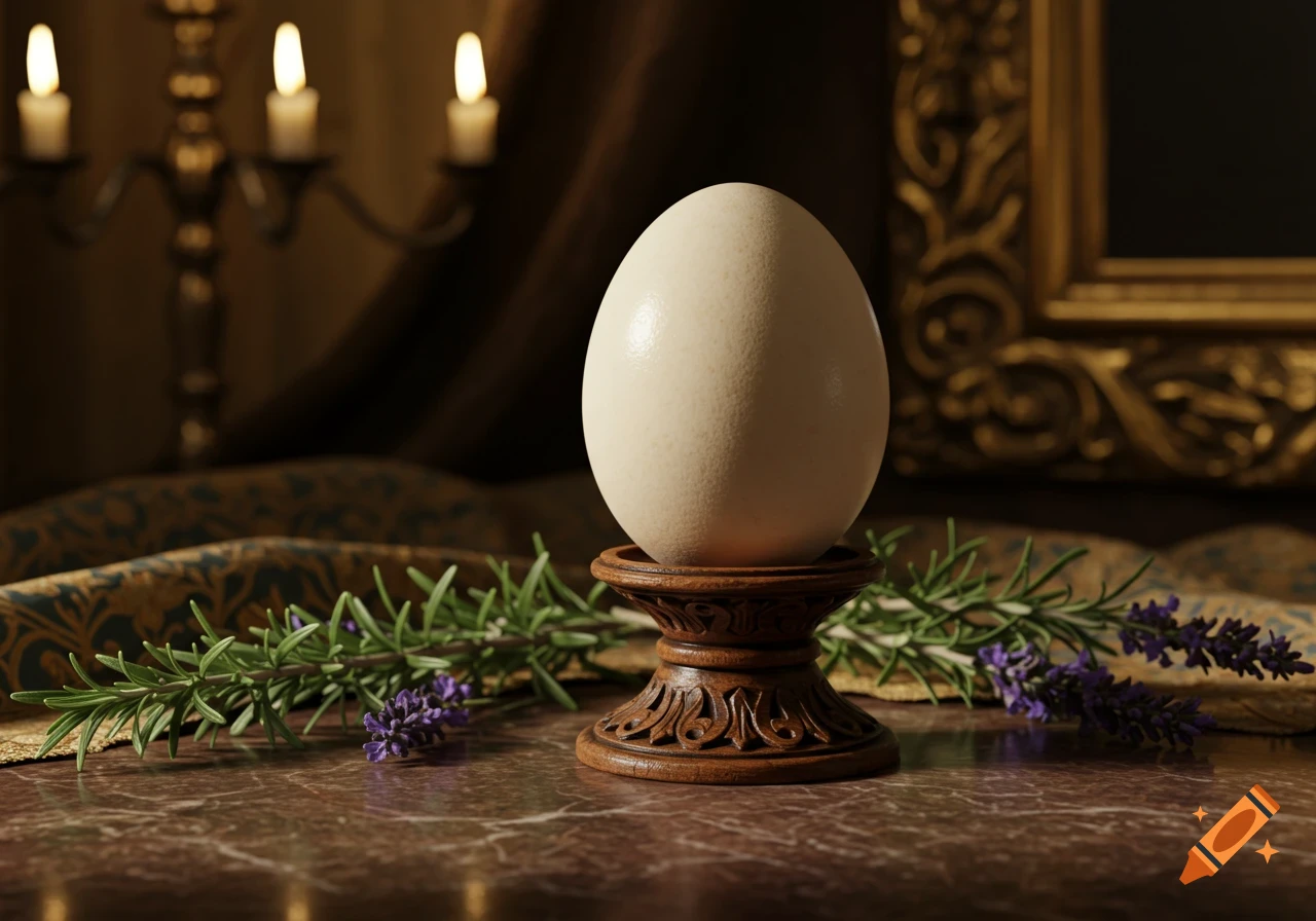 A white egg on an ornate wooden stand, surrounded by rosemary and lavender, set against a dark background with flickering candles and a gilded frame. Photorealistic.