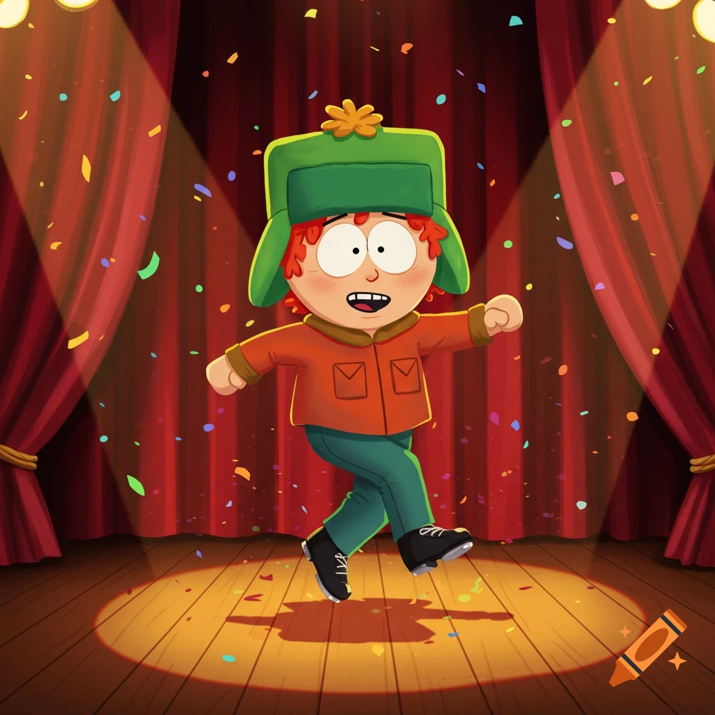 Illustrated Kyle from South Park tap dancing on a stage under spotlights with confetti.