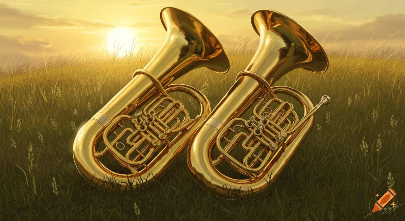 Two golden tenor horns (euphoniums) lie side by side in a grassy field, bathed in the warm light of a sunset.