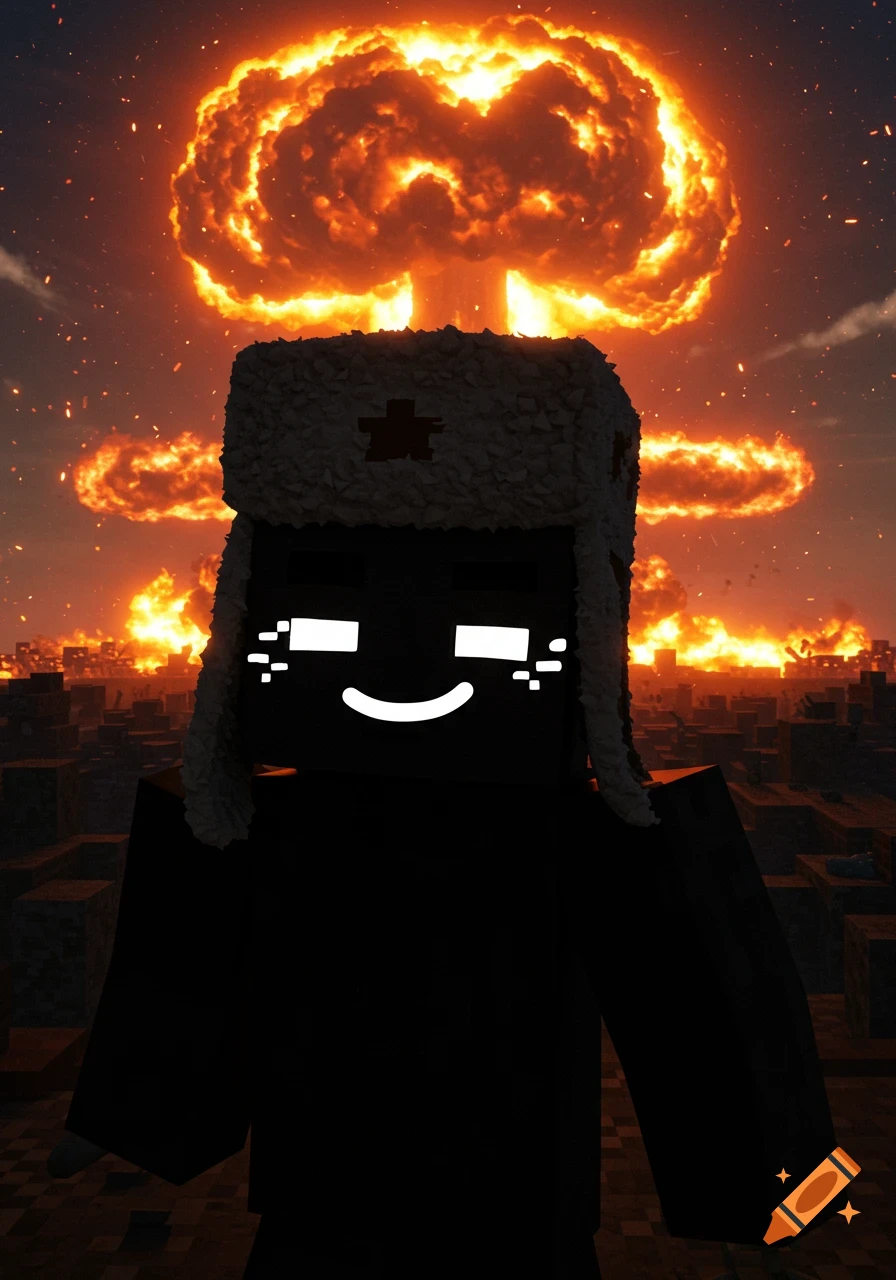 A dark, blocky Minecraft-style character wearing a fuzzy Russian hat with a red star, smiling amidst a large mushroom cloud explosion over a blocky city.