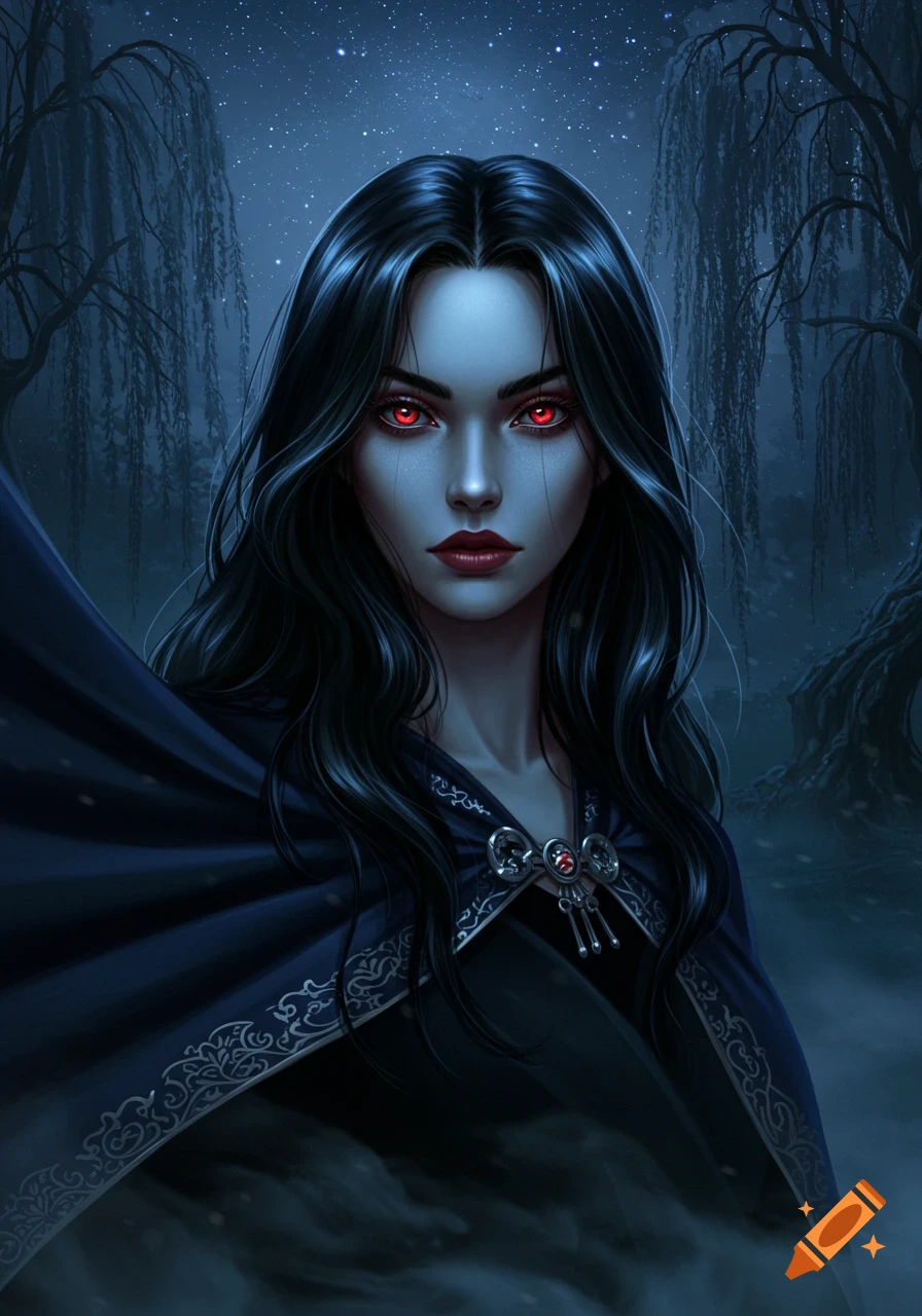 A fantasy portrait of a dark-haired woman with glowing red eyes wearing a black cloak in a mystical forest setting.