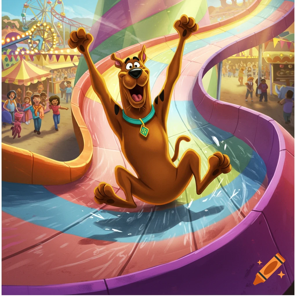 Scooby Doo joyfully slides down a colorful rainbow waterslide at an amusement park in a cartoon style.