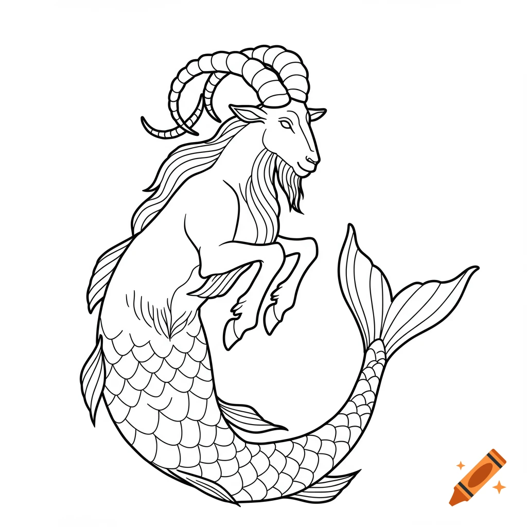A black and white line drawing of a Capricorn, a mythological creature with the head and forelegs of a goat and the tail of a fish.