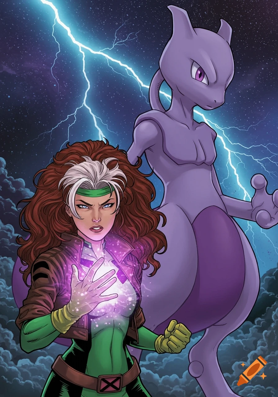 Rogue from X-Men and Mewtwo from Pokemon stand under a lightning storm, Rogue with glowing hands.