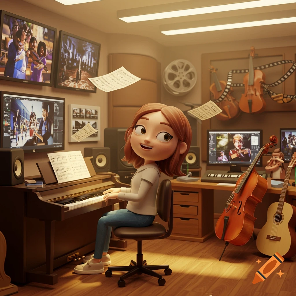 A cheerful Pixar-style female composer playing a piano in a vibrant music studio with various instruments, computer screens, and floating musical notes.