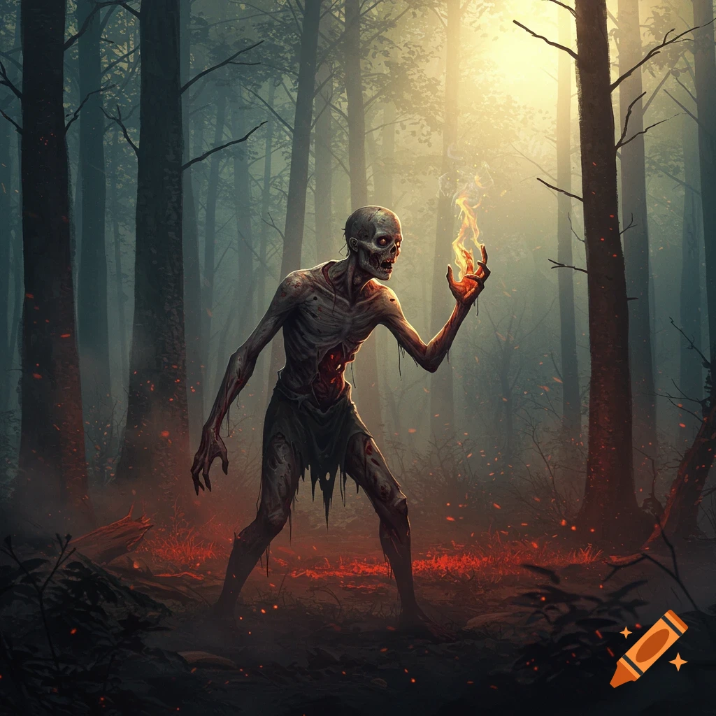 A gaunt zombie with glowing red eyes and exposed ribs stands in a dark, misty forest with burning ground, holding a flame in its hand. Stylized art.