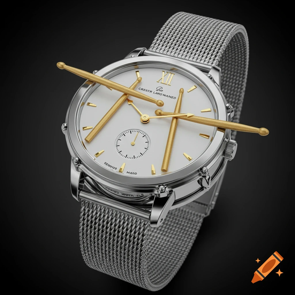 A luxury watch designed to resemble a snare drum, with miniature gold drumsticks as the hour and minute hands, and a silver Milanese mesh band.