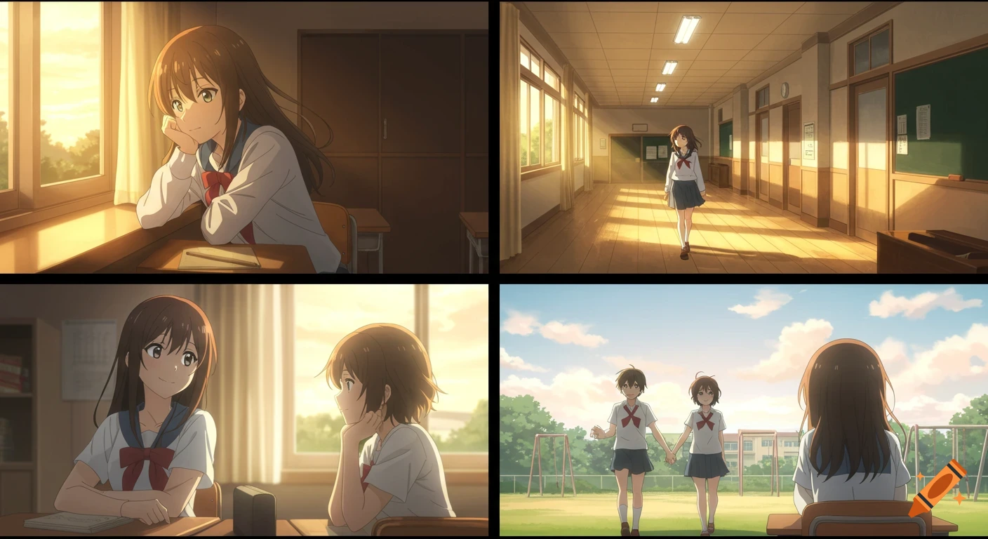 A four-panel anime image depicting schoolgirls in various school settings with warm, soft lighting: a girl by a window, a girl in a hallway, two girls in a classroom, and two girls on a playground.