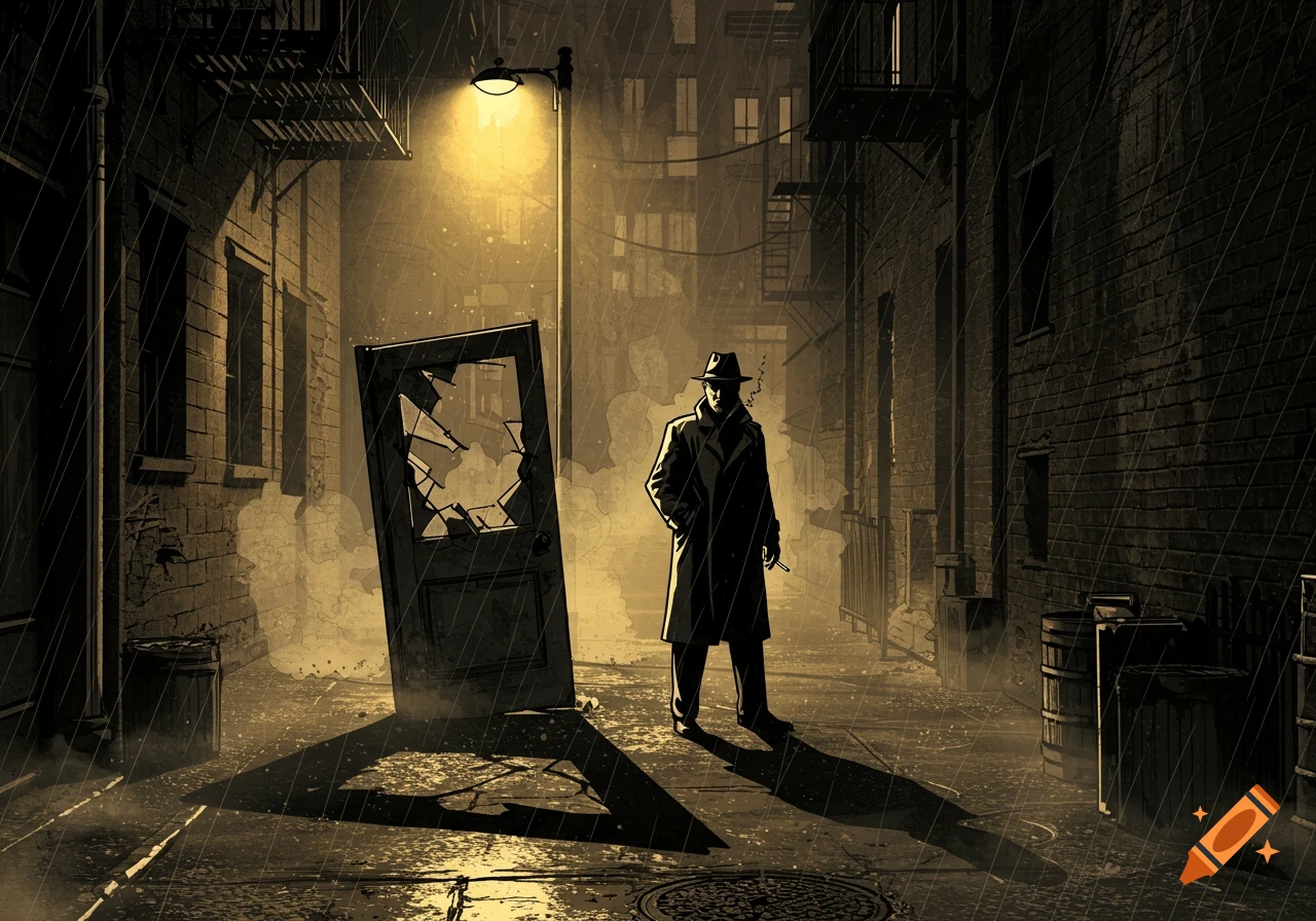 A trench-coated detective stands in a dark, rain-soaked New York alley at night, next to a broken door, in cinematic noir style.