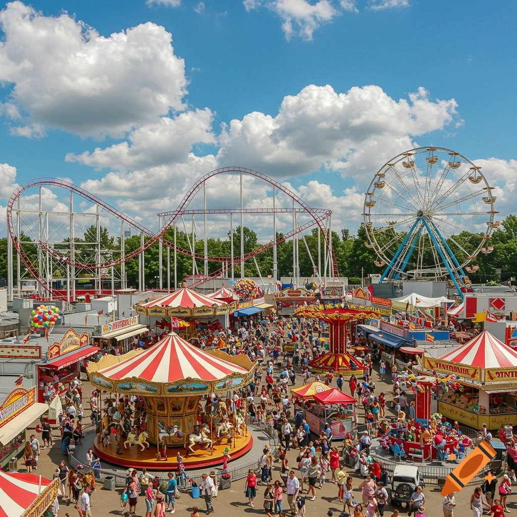 Aerial view of a bustling amusement park with a roller coaster, Ferris wheel, carousel, and numerous people under a blue sky.