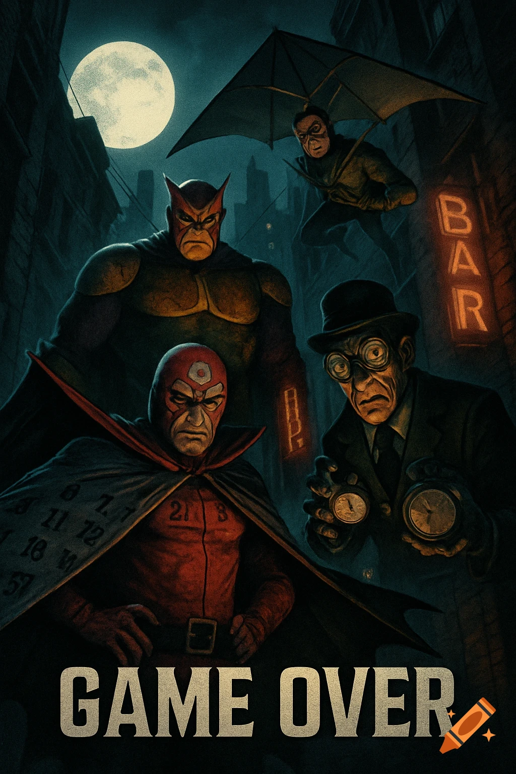 A stylized comic book poster features four D-list Batman villains, including a horned figure and a man with goggles holding stopwatches, under a full moon with "GAME OVER" text.