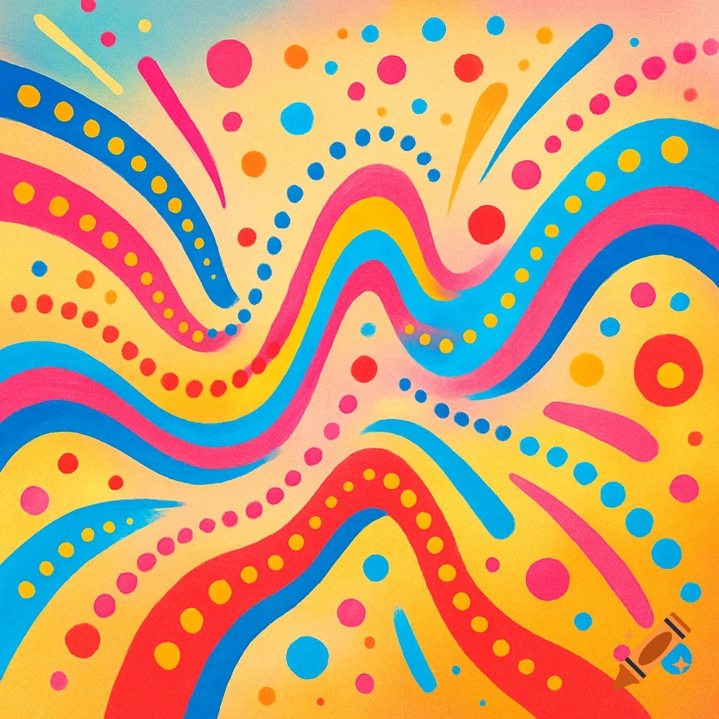 Vibrant abstract pattern with wavy lines and dots in yellow, pink, blue, and red on a soft yellow background.