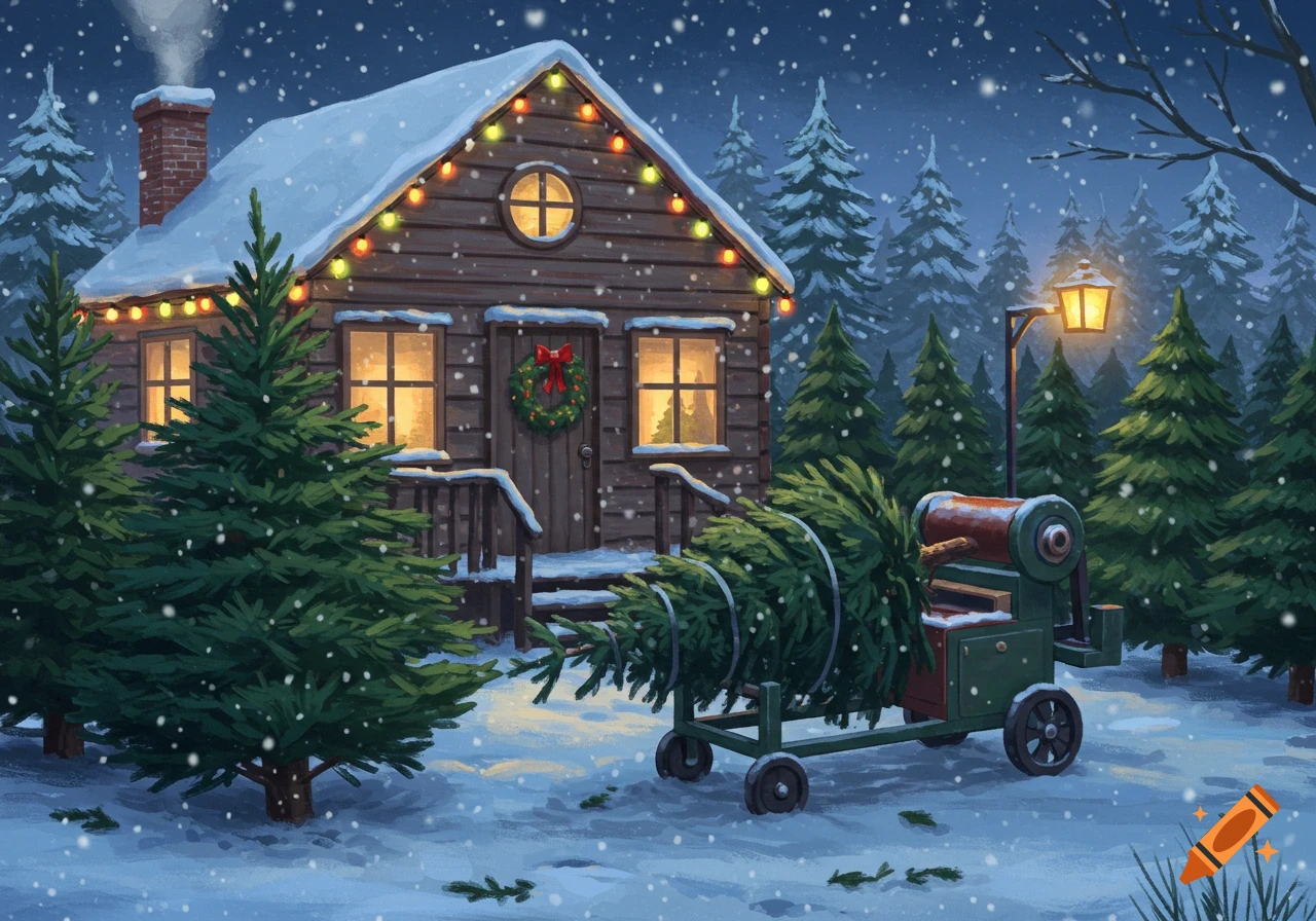 A cozy wooden cabin decorated with Christmas lights and a wreath, in a snowy forest at night. A Christmas tree is wrapped on a machine outside.