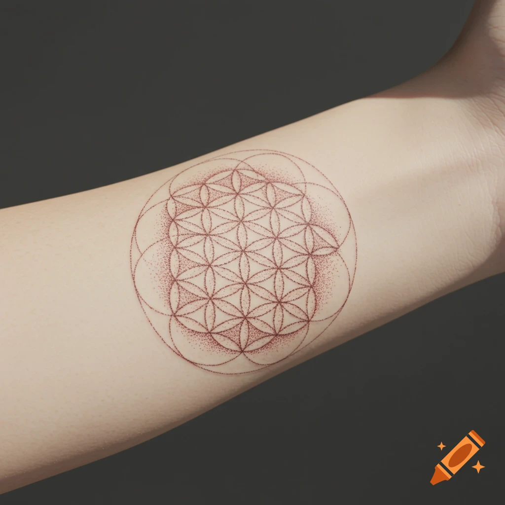 Close-up of a red dot-pattern 'Flower of Life' tattoo on a person's arm.