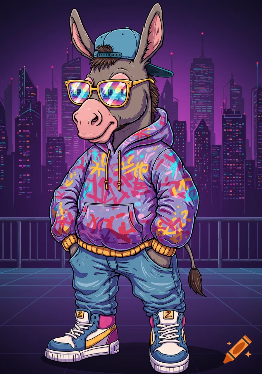 Cartoon donkey in rapper attire, wearing a graffiti hoodie, cap, and sunglasses, standing in a vibrant neon cityscape.