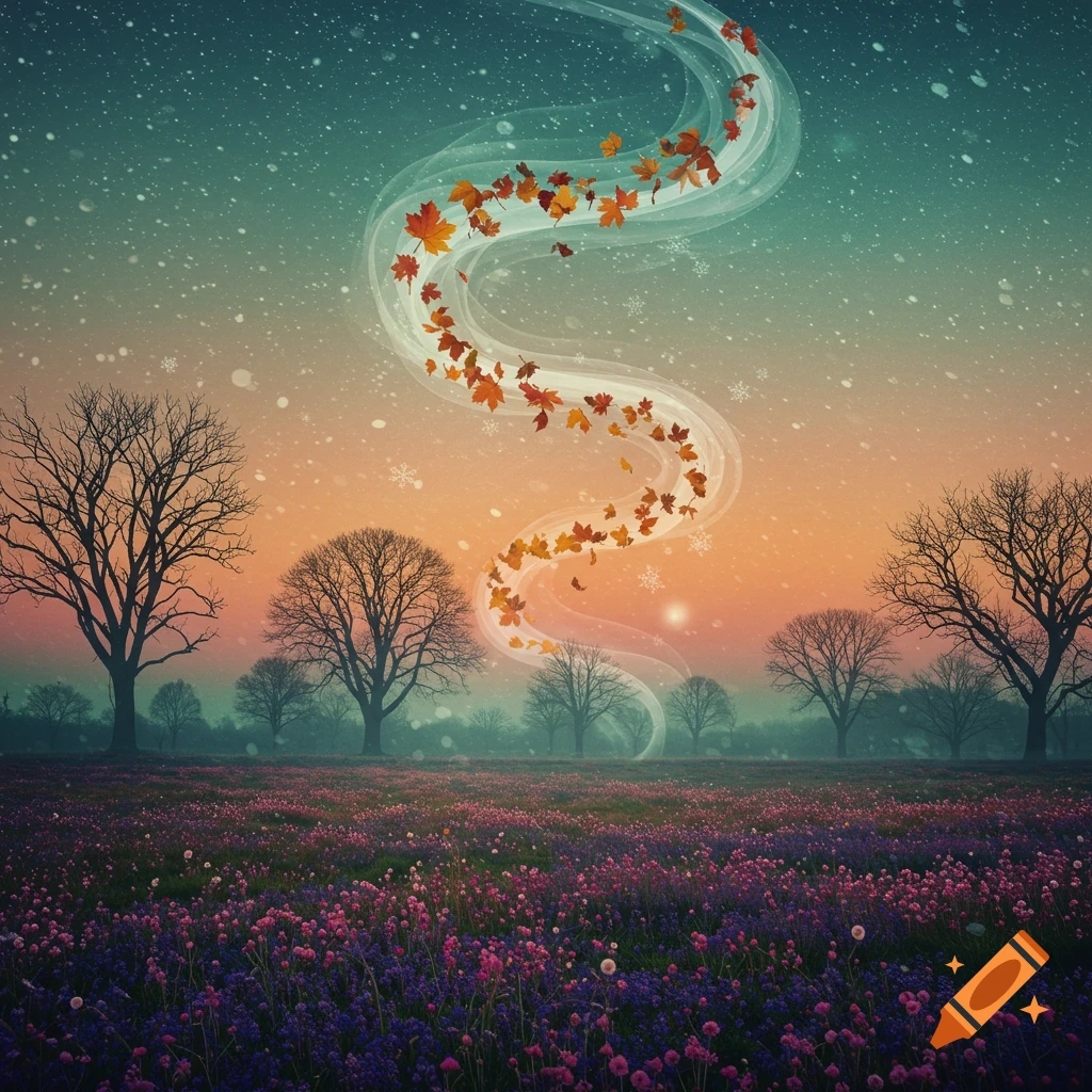 Dreamlike scene with bare trees, a field of purple flowers, snow, and autumn leaves swirling in a light vortex against a sunset sky.