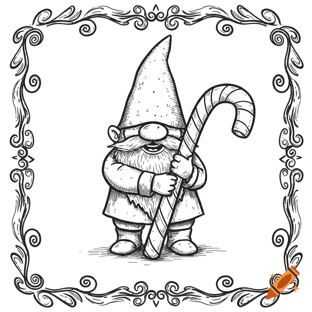 A black and white cartoon gnome with a pointy hat and beard, holding a large striped candy cane, framed by decorative swirls.