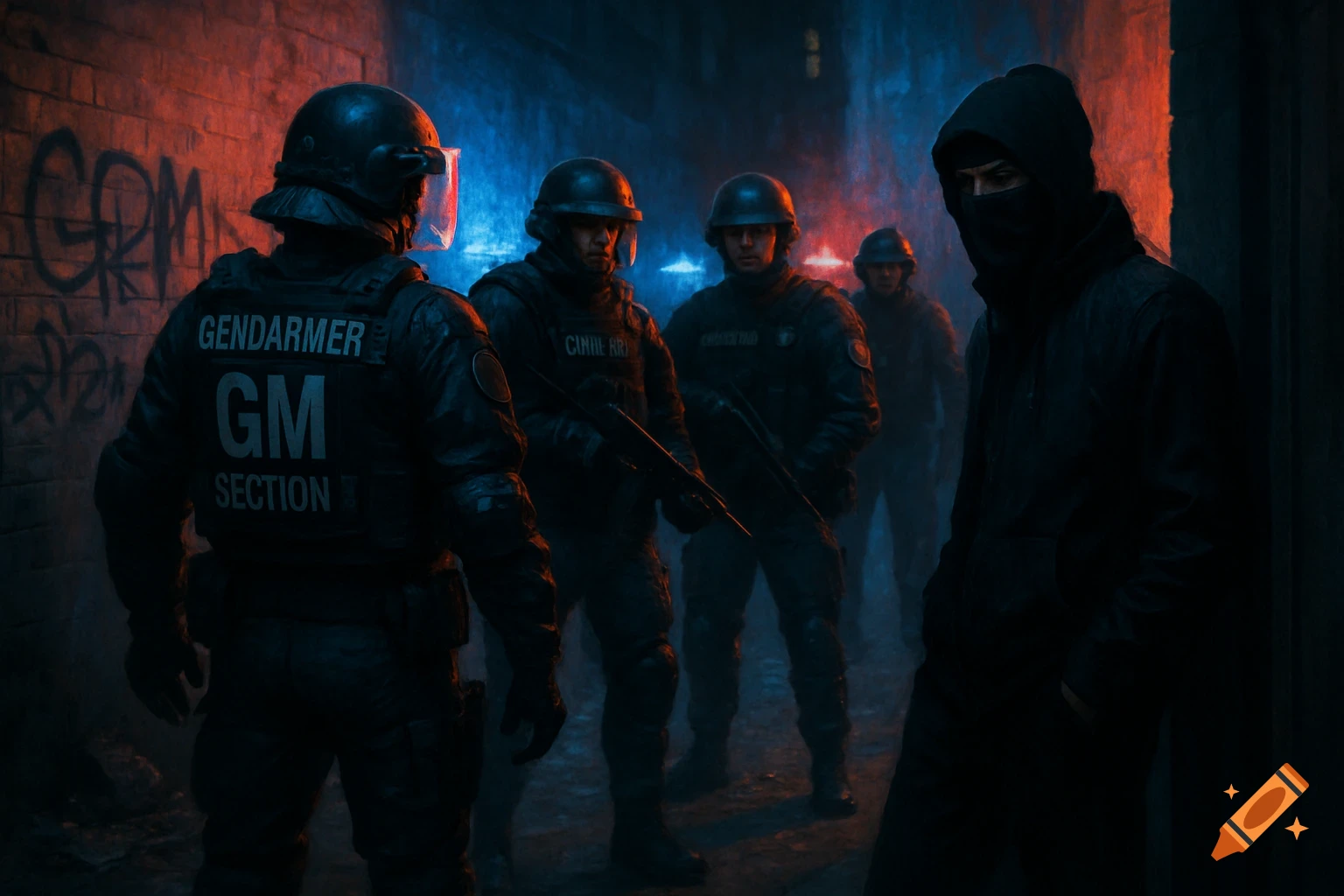 A group of armed gendarmes in helmets confront a masked person in a dark, graffiti-covered alley with red and blue lighting, in a photorealistic style.