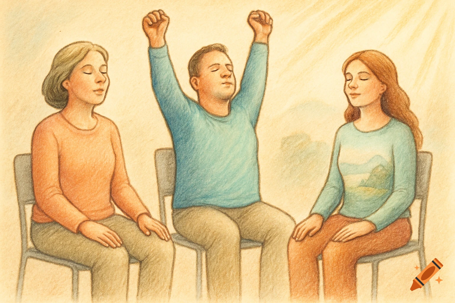 Three people, eyes closed, on chairs in a drawing. One man raises fists, two women relax, bathed in soft light.