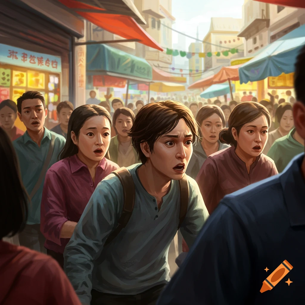 A diverse crowd of people, mostly Asian, on a busy street or market, looking surprised or shocked with wide eyes and open mouths. The scene is brightly lit, with market stalls and banners in the background.