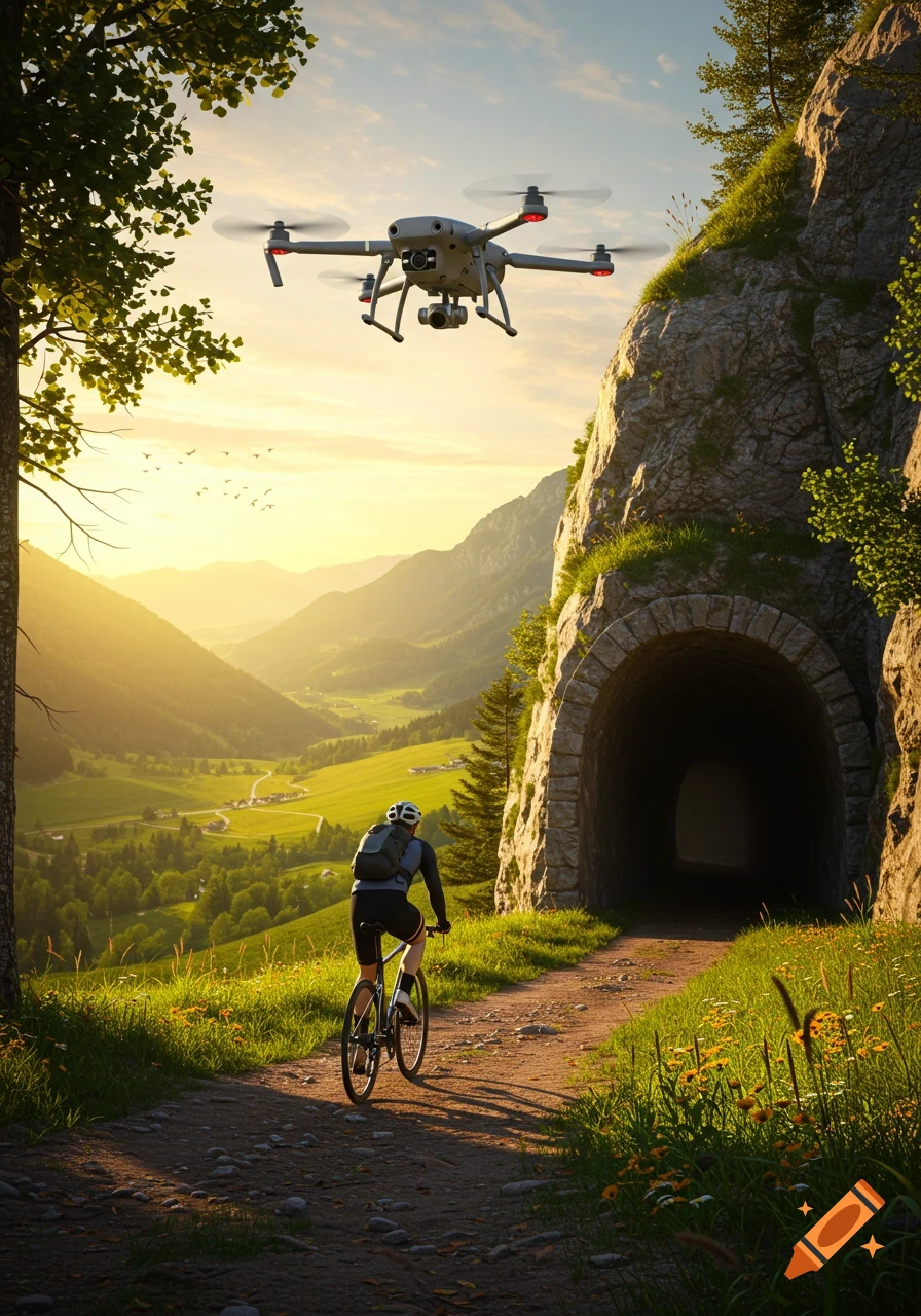 A drone flies above a cyclist on a dirt path leading to a tunnel, with a lush valley and mountains at sunset.