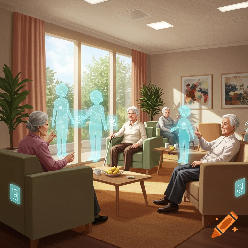 Elderly residents in a brightly lit common room interact with glowing blue holographic child-like figures.