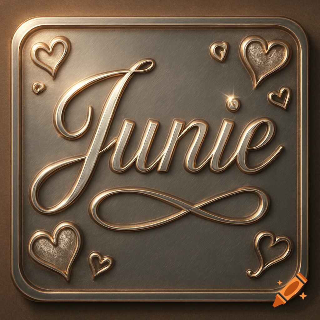 A golden embossed metal sign with the name 'Junie' in elegant script, surrounded by various heart shapes on a brushed metal background.